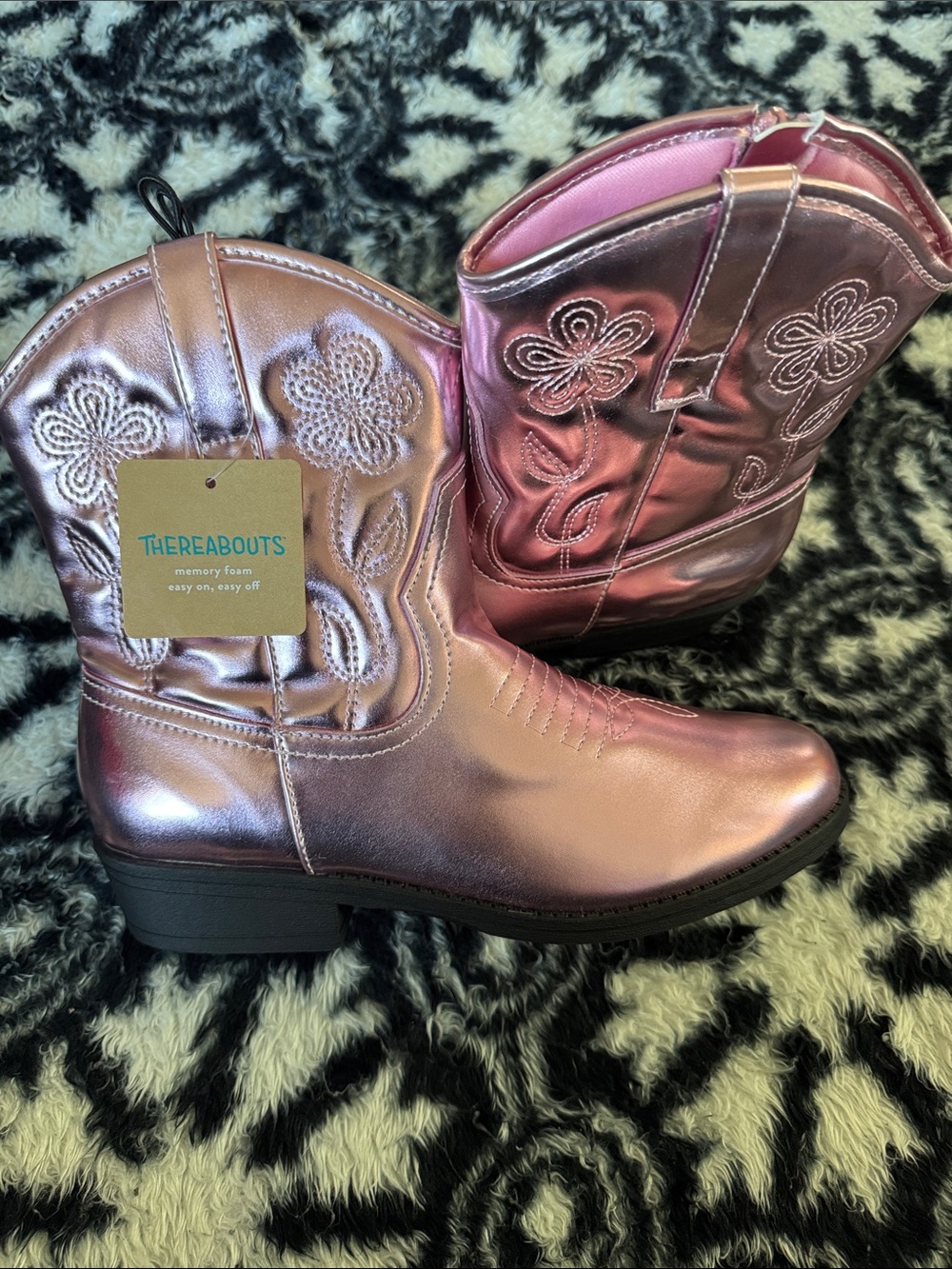Thereabouts Girls' Metallic Pink Cowboy Boots - Memory Foam Kids Western Boots